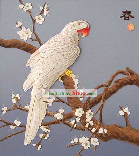 Chinese Classic Hand Carved Wood House Solid Decorative Painting-Parrot