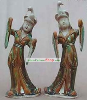 Chino clásico archaized Tang San Cai-Estatua de la dinastía Tang bailarines Dama con sombrero de Phoenix