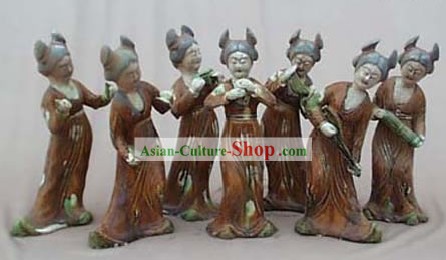 Chinese Classic Archaized Tang San Cai Statue-Group of Tang Dynasty Palace Musicians (7 Pieces Set)