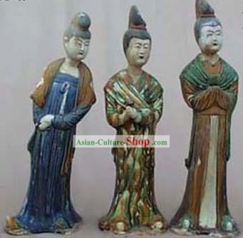 Chinese Classic Archaized Tang San Cai Statue-Maids of Honour (Three Pieces Set)