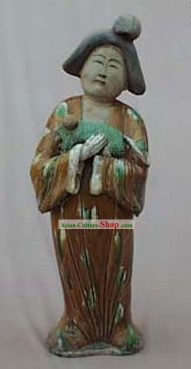 Große chinesische Tang San Cai Statue (dreifarbig glasierte Keramik)-Tang Dynasty Lady mit einem Welpen