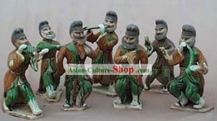 Chinês clássico archaized Tang San Cai Estátua Grupo de Músicos Hu (sete pedaços Set)
