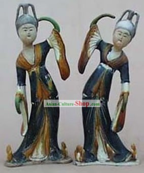 Chinese Classic Archaized Tang San Cai Statue-Tang Dynasty Palace Dancers (Paar)