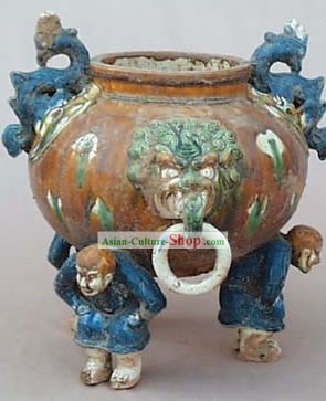 Chinese Classic Archaized Tang San Cai Statue-Three Men Fuß Drachen Pot