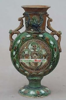 Chinese Classic Archaized Tang San Cai Statue-Twin Phoenix geformten Griff Flache Jar