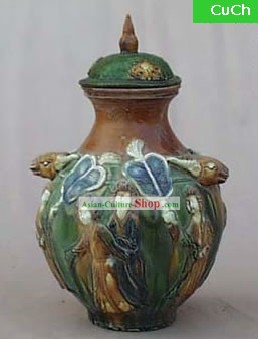 Chinês clássico archaized Tang San Cai Estátua-Carneiro Chefe Amphora Lidded Tang Dynasty Jar Lady Rico