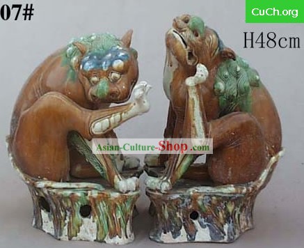 Clásico chino Tang San Cai archaized Estatua de par de perros de Foo Sentado