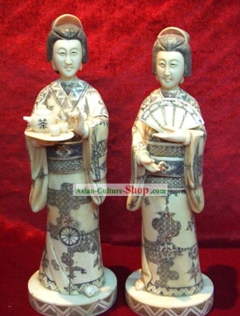 Chinese Classic Ox Bone Handicraft Sculpture Statue-Japanese Tea Women Pair