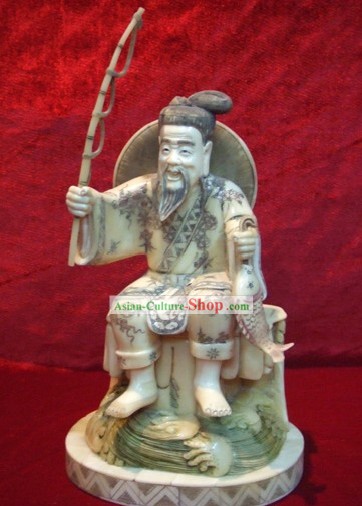 Ox classique chinoise Os Sculpture Artisanat Statue antique-Man Pêche Vieux