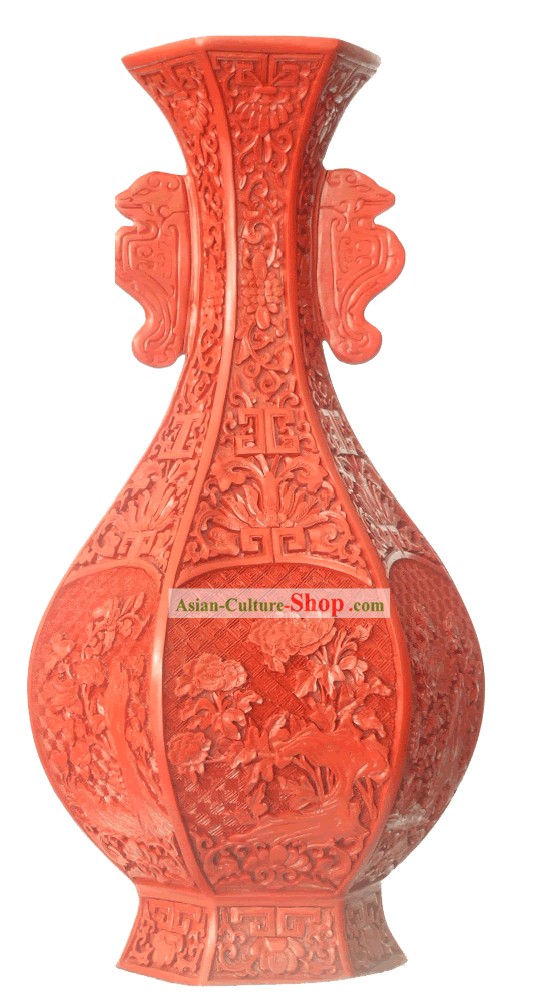 Laque chinoise Palais-Travaux Double Oreilles sculpté bouteille rouge