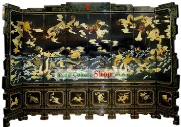 Chinese Hand Made Lacquer Ware Screen-Nine Dragons Legend