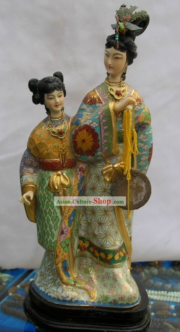 Chinese Palace Empress and Servant Cloisonne Statue