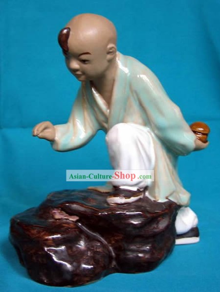 Chinese Hand Made Shi Wan Ceramics-Child Catching Cricket