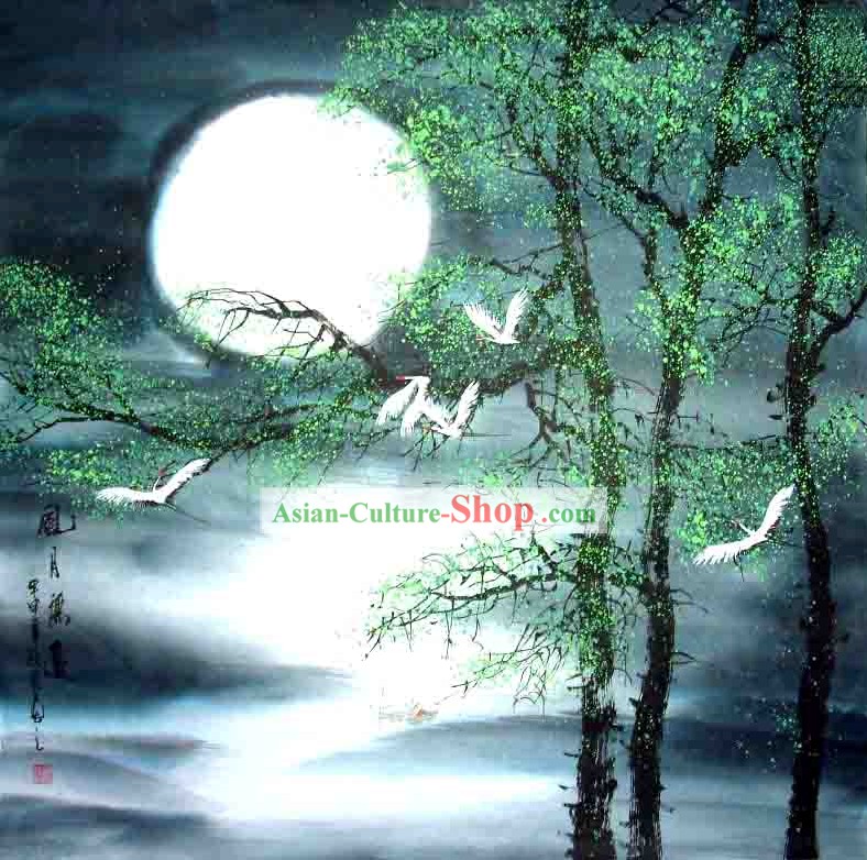 Chinese Wash Painting-Cranes under The Moon