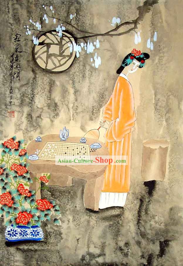 Chinese Traditional Wash Painting-Wise Beauty Playing The Chess
