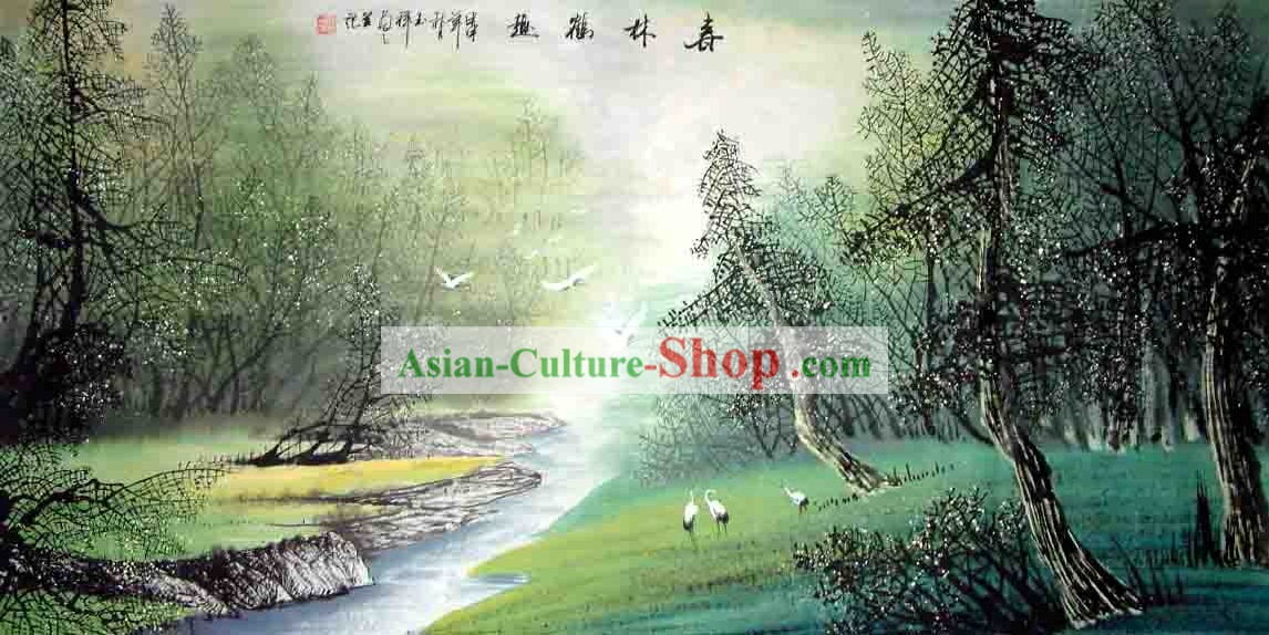 Chinese Wash Painting-Cranes Flying in The Forest