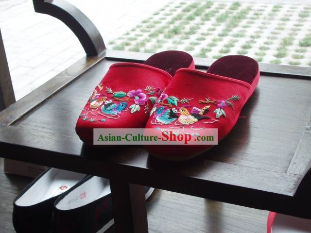 Chinelos Bordados Chinese Folk Handmade para a Mulher (patos mandarim)