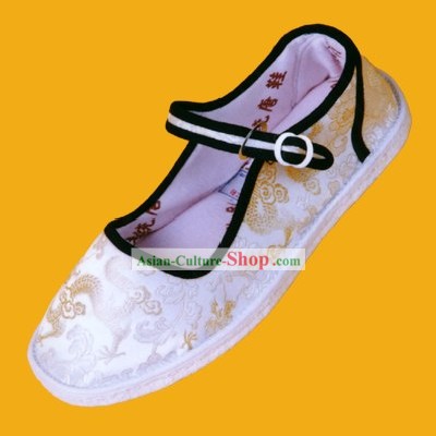 Chinese Traditional Hand Made Folk Dragon White Cloth Shoes for Man 1