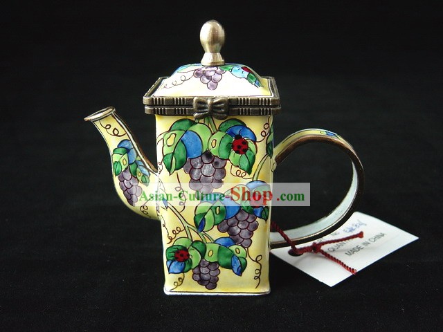 Chinese Hand Painted Enamel Kettle-Ladybird Beetle on Grape Branches and Leaves
