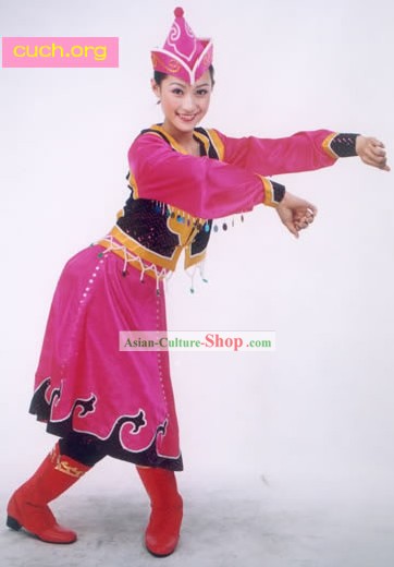 Mongolian Folk Dancing Costume and Hat for Woman