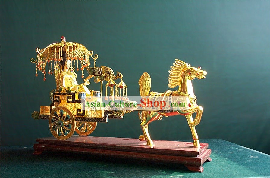 Chinesische Stunning Gold Brass Cloisonne Alte Princess and Carriage Statue