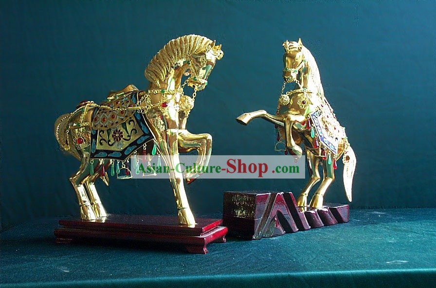 Chinese Gold Brass Cloisonne Horse Pair
