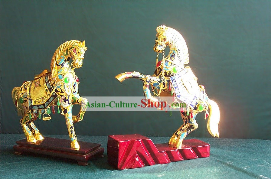 Chinese Classic Gold Messing Cloisonne Pferd Pair
