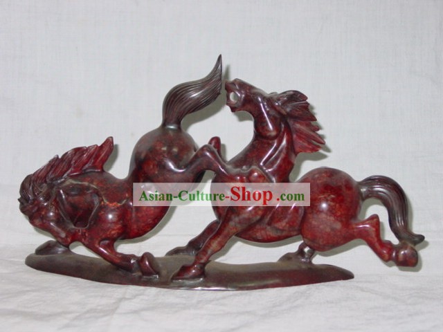 Chinese Chicken Rare Sangue Jade Escultura Casal Cavalo