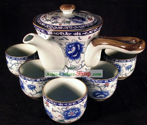 Chinese Jingde Cidade Celadon Peony Tea Set Veins (9 peças)