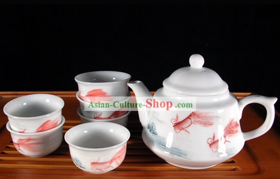 China Jingde Porcelain Hand Painted Goldfish Kungfu Tea Set