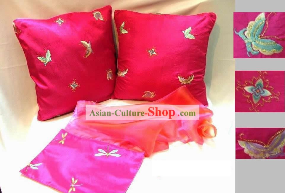 Chinese Hand Embroidery Butterfly Cushion and Table Runner Set