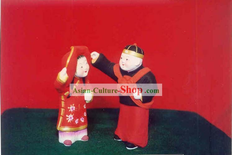 Mão chinesa Arte pintada Escultura de Figurine da argila Zhang-Getting Married Noiva e Noivo