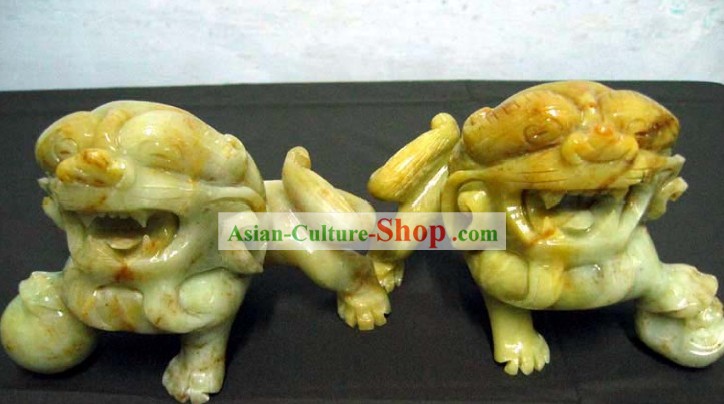Chinese Classic Hand Carved Jade Lion King Pair