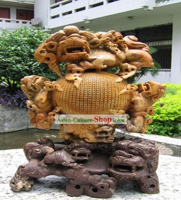 Chinese Stunning Hand Carved Craft-Seven Lions Playing Ball