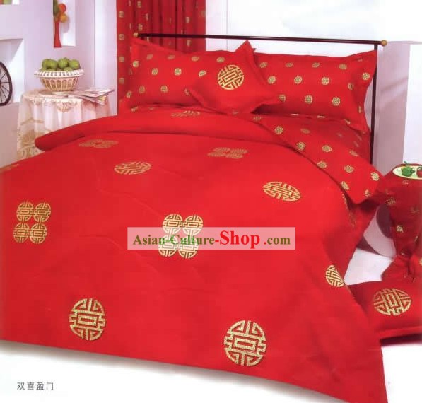 Chinas Classic Red Double Happiness Six Pieces Bed Set