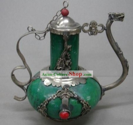 Chinesische antike Palast Stil Green Jade und Silber Kettle
