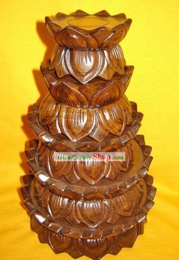Chinese Hand Carved Delicate Lotus Flower Base 5 Pieces Sets
