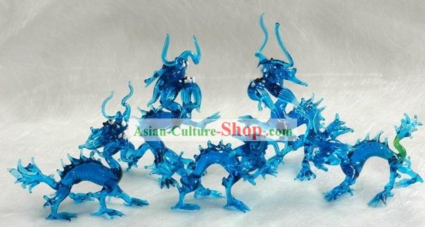 Mão Palácio chinês fez Coloured Vidros Cinco Conjuntos Azul Dragons
