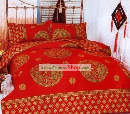 Chinese Stunning Cotton Wedding Bed Sheet Set(Four Pieces)-Dragon and Phoenix