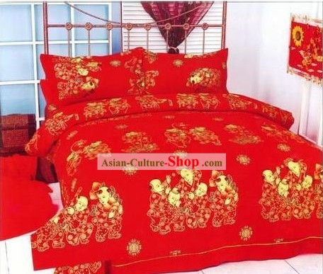 Chinese Classical Cotton Hochzeit Bed Sheet Set (Vier Stücke)-Mehr Kinder, mehr Glück
