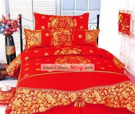 Chinese Traditional Cotton Wedding Bed Sheet Set(Four Pieces)-Dragon and Phoenix
