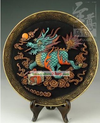 Chinese Hand Carved Healthy Active Carbon Round Plate-Kylin