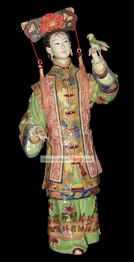 Chinese Stunning Porcelain Collectibles-Ancient Maiden with Bird