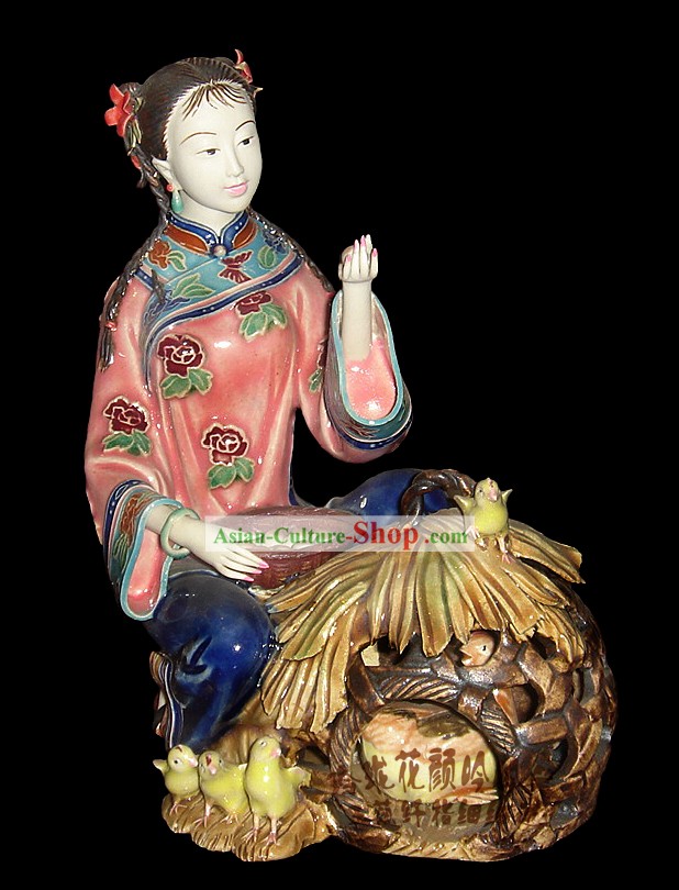 Chinesische Stunning Porzellan Collectibles-Alte Frau mit Huhn