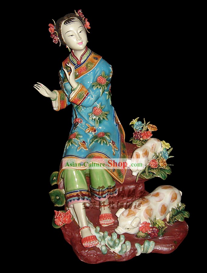 Impresionante porcelana china antigua coleccionables-Mujer con cerdos