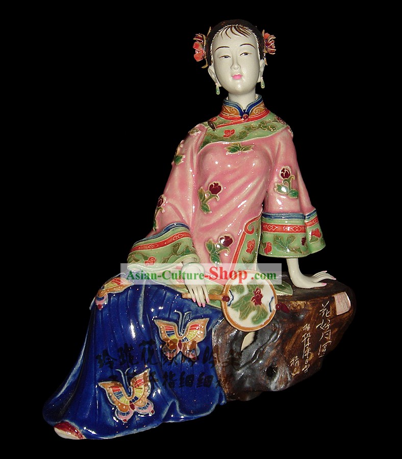 Chinese Stunning Colourful Porcelain Collectibles-Ancient Beauty With Fan