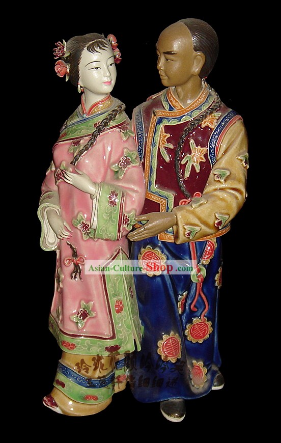 Stunning chineses de porcelana colorida Couple Collectibles-Antiga Em Amor