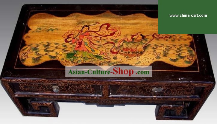 Chinese Black Coloured Painting Double Drawers Table