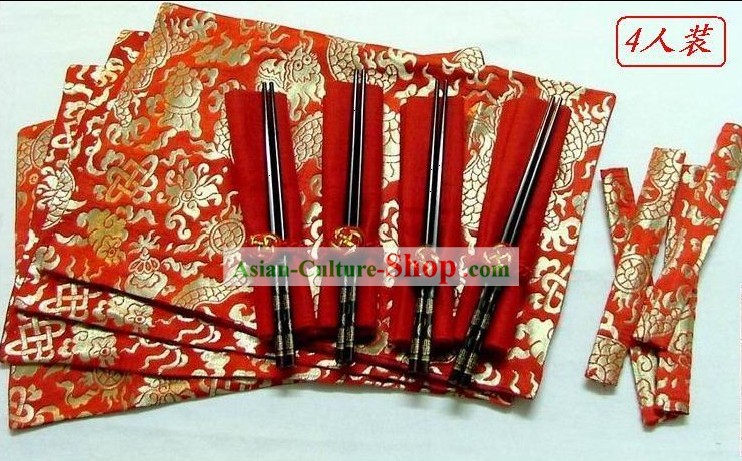 Chinese Silk clássico Red Dragon Set Pano Jantar