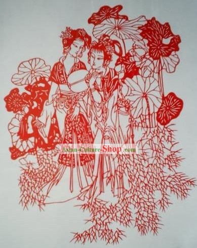 Chinese Paper Cuts Classics-Beautiful Ancient Women Besides Lotus